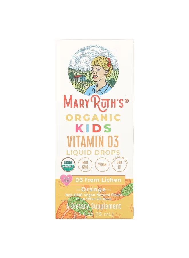 MaryRuth's, Organic Kids Vitamin D3 Liquid Drops, 4-13 Years, Orange, 640 IU, 0.5 fl oz (15 ml) - Image 1